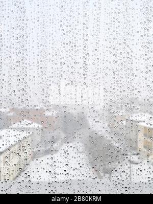 Viele kleine Wassertropfen stehen an einem Fensterglas während eines winterlichen Schneetags Stockfoto