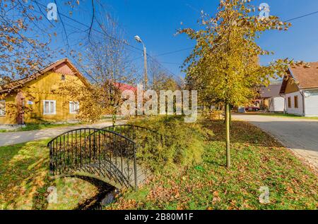 Ein kleines Dorf mit traditioneller Architektur in der Gegend von Limanowa. Strzeszyce, Provinz Kleinpolen, Polen. Stockfoto