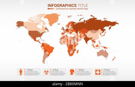 Coronavirus verbreitete Weltkarte, kovidte 19 Infografiken mit Symbolen und Symbolen, Coronavirus betroffene Nationen in verschiedenen Farben. Flache Erde, Kartenvorlage Stock Vektor