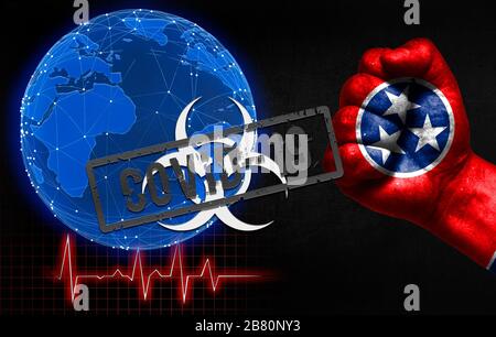 Eine neue Coronavirus-Krankheit namens Covid-19 im US-Bundesstaat Tennessee mit einer männlichen Faust und einer Landesflaggen. Coronavirus Disease Control Konzept in Cou Stockfoto