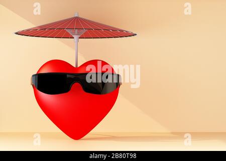 Herzsymbol mit Brille und unter einem Regenschirm. 3D-Rendering Stockfoto
