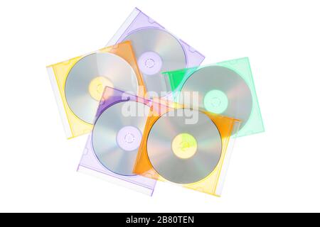 Die CD-DVD der Gruppe in den Boxen. Auf weißem Hintergrund. Stockfoto