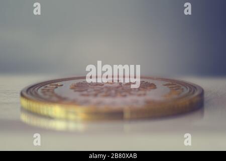 Makro-Nahaufnahme der polnischen Münze in scharfem Winkel mit enger Schärfentiefe, die auf den Adlerkopf gerichtet ist Stockfoto