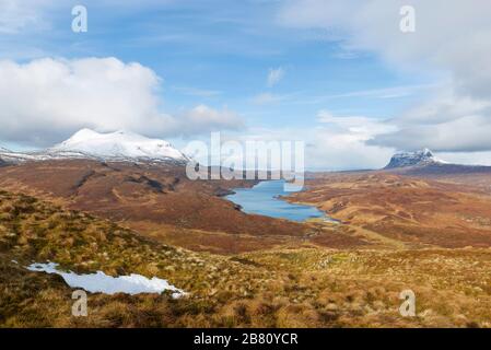 Cul Mor und Suilven Berge von Elphin, Highland Scotlandassynt Stockfoto