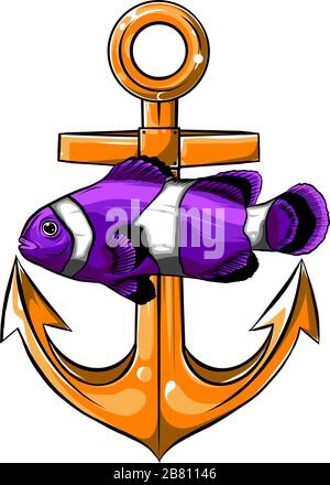 Ein Draw Anchor und Fischvektor illustrarion Stock Vektor