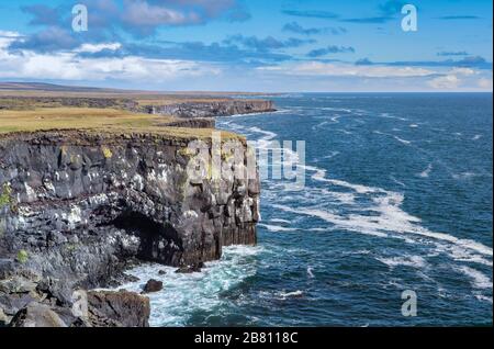 Basaltische Säulen in der Nähe von Arnastapi an der wilden Felsküste von Snaefellsness Halbinsel im Westen Islands Stockfoto