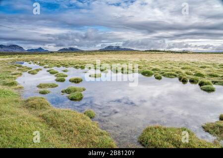 Vulkanische Landschaft mit See und moosbedecktem Lavafeld Das Hochland von Island Stockfoto