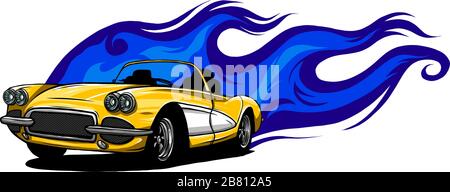 Auto Muskel Alter 70 s Vector Illustration mit Flammen Stock Vektor