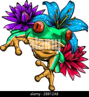 Cute frog Cartoon. Cartoon Frosch sitzend mit Blume, Vector Illustration Stock Vektor