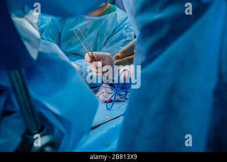 Blutige Hände des Chirurgen in sterilen Latexhandschuhen, die chirurgische Pinzetten mit Blutspuren halten. Der Vorgang der Durchführung einer chirurgischen Operation. Stockfoto