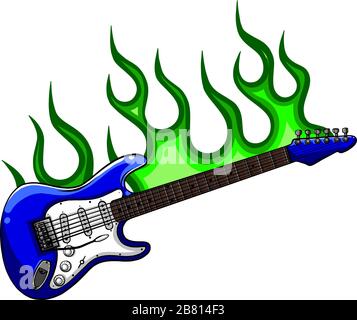 E-Gitarre auf Brand in voller Farbe und schwarze Flammen Vector Illustration Stock Vektor