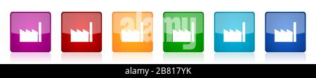 Werksseitige Symbolsatz, farbenfrohe, quadratische Hochglanzvektor-Illustrationen in 6 Optionen für Webdesign und mobile Anwendungen Stock Vektor