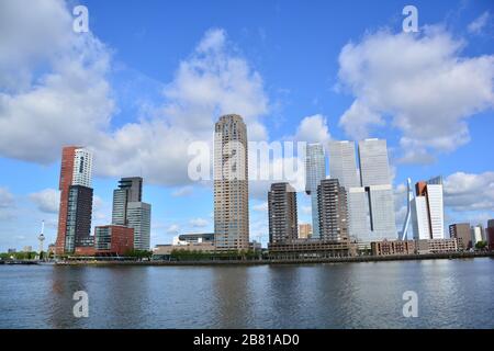 Blick von Rijnhaven von allen Hochhäusern auf Kop van Zuid Rotterdam bei sonnigem Wetter mit euromast im Hintergrund Stockfoto