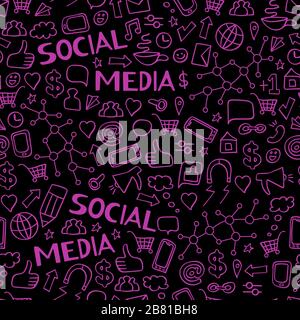 Nahtloses Muster mit Social Media Doodles. Hintergrund der Internet-Technologie. Vektorgrafiken. Stock Vektor
