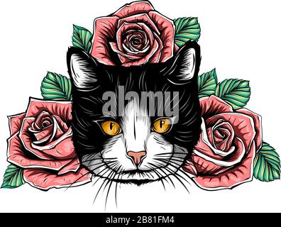 Cartoon flauschige Katze mit Rosen. Siamkatze mit offenen Augen und Blumen. Stock Vektor