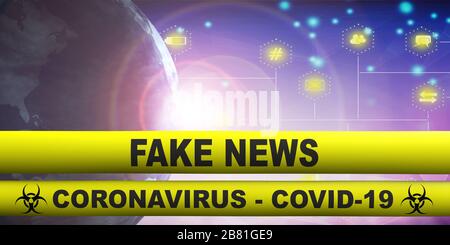 Covid19 Coronavirus Fake News. Text auf gelben Warnstreifen, abstrakter digitaler Hintergrund. Pandemie-Virus verbreitet falsches Nachrichtenkonzept. 3D-Abbildung Stockfoto