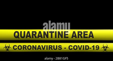 Quarantänegebiet von Covid19 Coronavirus. Text auf gelben Warnstreifen, schwarzer Farbhintergrund. Pandemievirenausbruch verbreitet Konzept, Kopierraum. 3d il Stockfoto