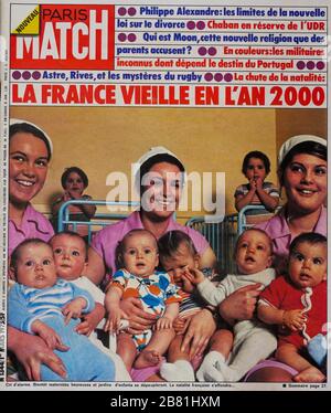 FrontPage des französischen Nachrichten- und Volksmagazins Paris-Match, Nr. 1344, 1. März 1975, erwartete Überalterung der französischen Bevölkerung, 1975, Frankreich Stockfoto