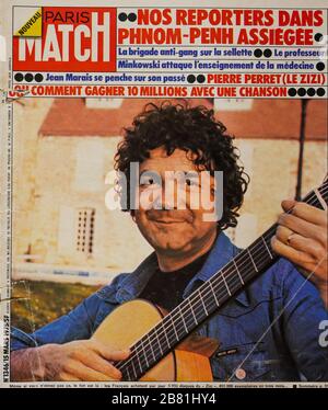 FrontPage des französischen Nachrichten- und Volksmagazins Paris-Match, Nr. 1346, 15. März 1975, gewinnt der französische Sänger Pierre Perret mit seinem Lied "Le Zizen" 1975, Frankreich, 10 Millionen Franken Stockfoto