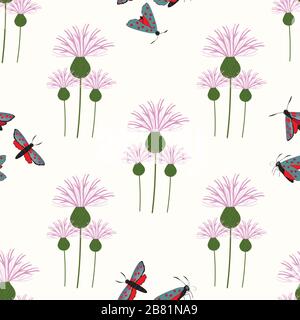 6-punkt-burnett Schmetterling nahtloser Vektor-Muster Hintergrund. Tag Flying Moth auf rosa Knapweed Hintergrund. Schottisches Insektendesign an der Küste. Alles in allem Stock Vektor