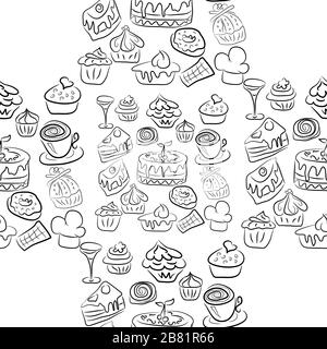 Handgezeichnete Süßigkeiten und Süßigkeiten. Doodles. Isolierte Lebensmittel auf weißem Hintergrund. Nahtlose Textur. Stock Vektor