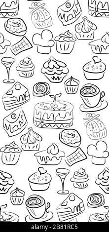 Handgezeichnete Süßigkeiten und Süßigkeiten. Doodles. Isolierte Lebensmittel auf weißem Hintergrund. Nahtlose Textur. Stock Vektor