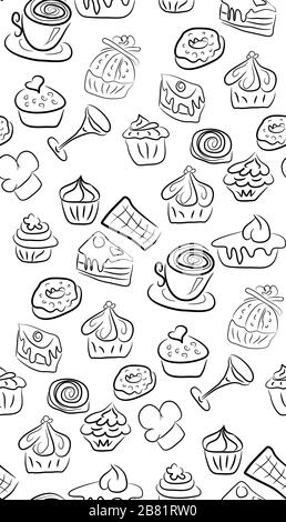 Handgezeichnete Süßigkeiten und Süßigkeiten. Doodles. Isolierte Lebensmittel auf weißem Hintergrund. Nahtlose Textur. Stock Vektor