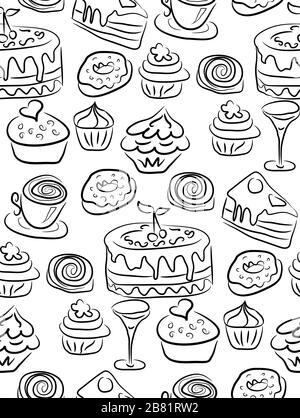 Handgezeichnete Süßigkeiten und Süßigkeiten. Doodles. Isolierte Lebensmittel auf weißem Hintergrund. Nahtlose Textur. Stock Vektor
