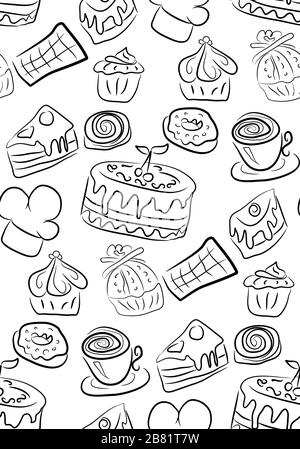 Handgezeichnete Süßigkeiten und Süßigkeiten. Doodles. Isolierte Lebensmittel auf weißem Hintergrund. Nahtlose Textur. Stock Vektor