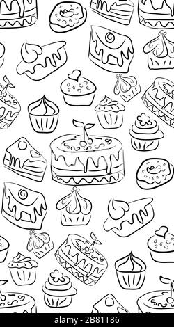 Handgezeichnete Süßigkeiten und Süßigkeiten. Doodles. Isolierte Lebensmittel auf weißem Hintergrund. Nahtlose Textur. Stock Vektor