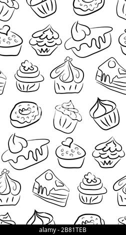 Handgezeichnete Süßigkeiten und Süßigkeiten. Doodles. Isolierte Lebensmittel auf weißem Hintergrund. Nahtlose Textur. Stock Vektor