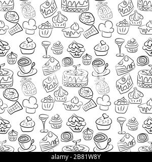 Handgezeichnete Süßigkeiten und Süßigkeiten. Doodles. Isolierte Lebensmittel auf weißem Hintergrund. Nahtlose Textur. Stock Vektor