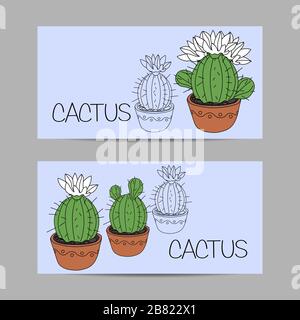 Satz horizontaler Banner mit Kaktus und Sukkulenten in den Töpfen. Handgezeichneter Hintergrund. Vektorgrafiken Stock Vektor