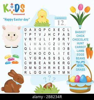 Einfache Wortsuche Kreuzworträtsel "Happy Easter Day", für Kinder in der Grundschule und Mittelschule. Spaß beim Üben von Sprachverständlichkeit und Exp Stock Vektor