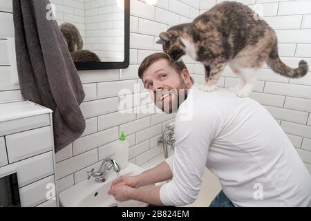 Zufriedener Mann wäscht seine Hände, unter einem Wasserstrom und seine liebenswerte Katze kletterte im Badezimmer auf den Rücken. Stockfoto