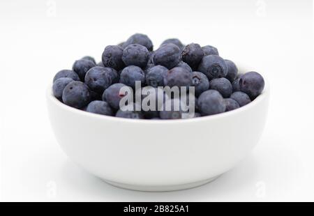 Weiße Schüssel mit Blaubeeren auf Weiß Stockfoto