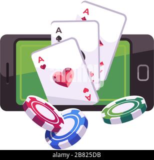 Poker-Chips und Karten, die aus dem Smartphone fliegen. Online-Casino-Konzept Stock Vektor