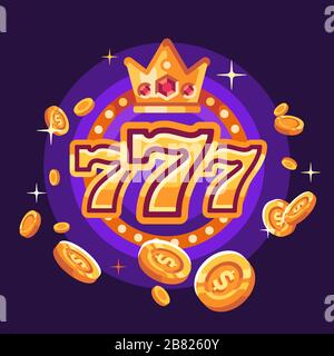 777 Casino gewinnen Illustration mit fliegenden Goldmünzen auf violettem Hintergrund Stock Vektor
