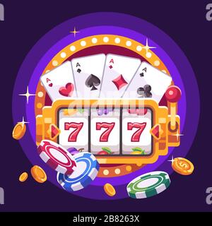 Spielautomat mit Spielkarten, Pokerchips und Goldmünzen. Abbildung der Casino-Wohnung Stock Vektor