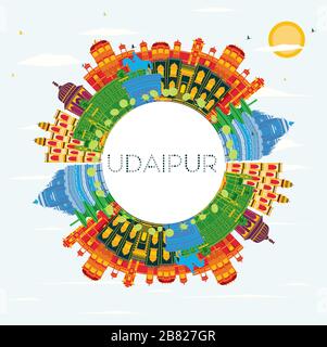 Udaipur Indien Skyline der Stadt mit Gebäuden, blauer Himmel und Kopieren. Vector Illustration. Stock Vektor