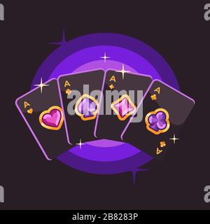 Vier schwarze und goldene Spielkartenaces mit pinkfarbenen und violetten Schmucksteinen auf violettem Hintergrund. Poker Flat Illustration Stock Vektor