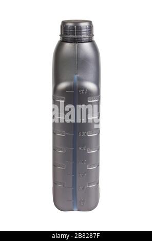 Kunststoffbehälter für Motoröl isoliert auf weißem Hintergrund, 1-Liter-Flaschenbehälter. Motorölflasche für Ersatzteile. Stockfoto