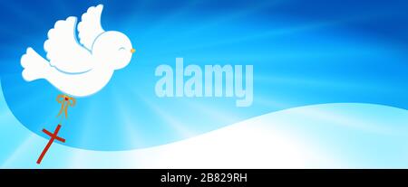 Christliches Symbol. Süße Taube fliegen und ein christliches Kreuz tragen. Himmelshintergrund mit hellen Strahlen. Ostern. Symbol der Reinheit. Christlicher Glaube. Taufe Stock Vektor