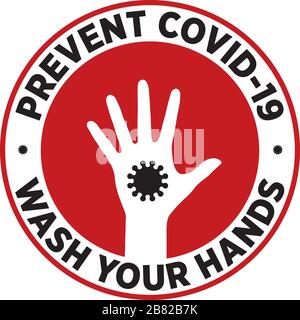Waschen Sie Ihre Hände, um COVID-19 zu verhindern. Hand mit dem Symbol für Coronavirus. Vektor-Aufkleber Stock Vektor