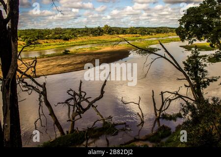 Am frühen Morgen Olifants River, Kruger National Park, Südafrika, an einem sonnigen Tag mit ein paar toten Bäumen einer alten Flut im Vordergrund Stockfoto