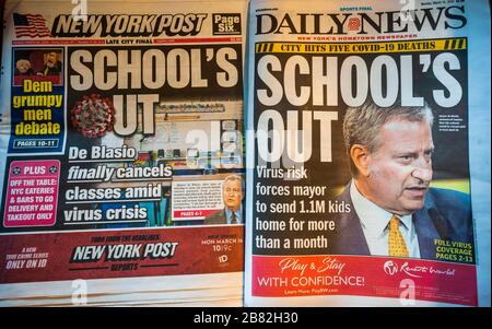 Schlagzeilen der New Yorker Boulevardblätter am Montag, 16. März 2020 Bericht über den New Yorker Bürgermeister Bill de Blasio Schließung von Schulen, um die Verbreitung der COVID-19 zu verhindern. (© Richard B. Levine) Stockfoto