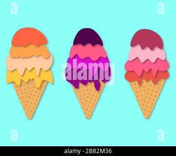 Satz Eiskegel. 3D-Vektor. Papierschnitt. Sommerdessert. Eiscreme-Kollektion Stock Vektor