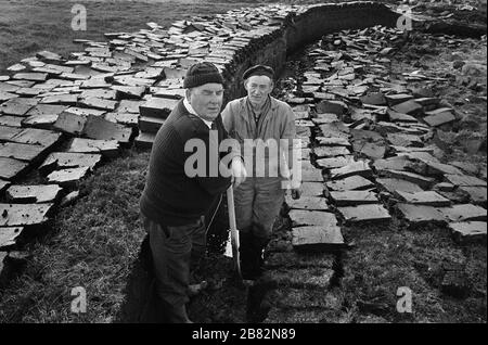 Zwei Männer schneiden Torf auf einem Landstück am Loch Portan auf der Insel North Uist in den äußeren Hebriden, Schottland. Torfschnitt war eine traditionelle Methode, um Brennstoff für den Winter in den dünn besiedelten Gebieten an Schottlands Westküste und Inseln zu sammeln. Der Torf wurde getrocknet und in Bränden und Öfen verwendet. Stockfoto