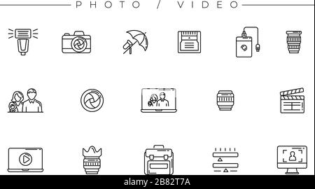 Das Set von Foto- und Videosymbolen ist eines der modernen Liniensymbole, die auf das Thema Freelance-Berufe eingestellt sind. Stock Vektor