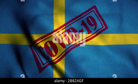 Covid-19-Stempel auf der Nationalflaggen Schwedens. Coronavirus Konzept. 3D-Abbildung Stockfoto